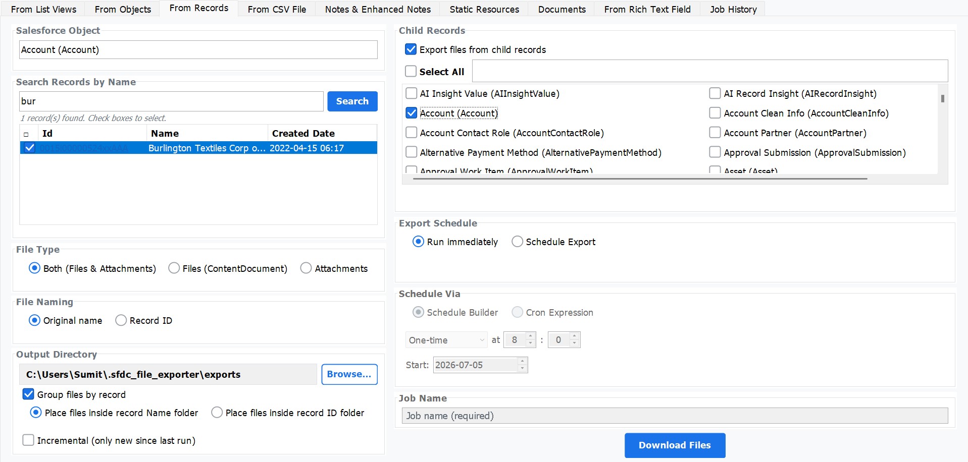 Export Salesforce parent and child record files into organised folders